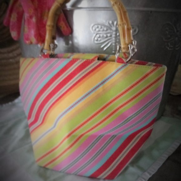 Summer Canvas Bright Rainbow Stiped Bamboo Handle Pocket Purse - Picture 1 of 7